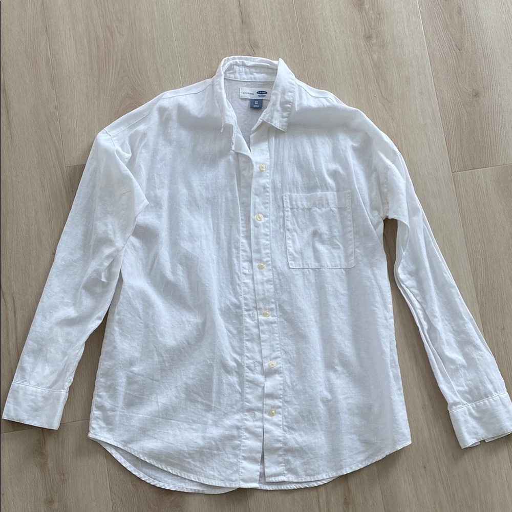Old Navy Women White Casual Button Down Linen Shirt